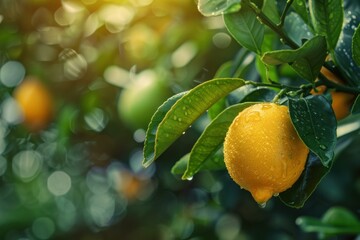 Ripe lemon with water drops hanging on a branch in a sunny orchard, showcasing freshness and natural beauty