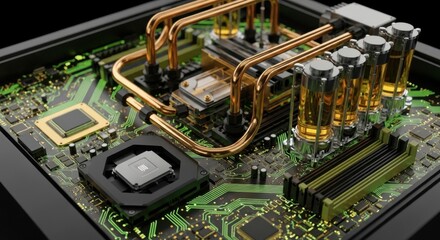 Black motherboard with glowing green traces and golden fluid cooling pipes. Advanced computer technology concept for high performance.