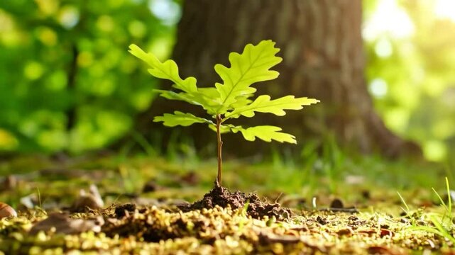 Young oak sapling sprouting from the ground in a sunlit forest
