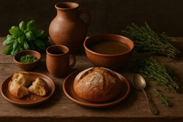 Rustic table arrangement featuring fresh bread, herbs, and pottery, creating a warm and inviting atmosphere for a traditional meal