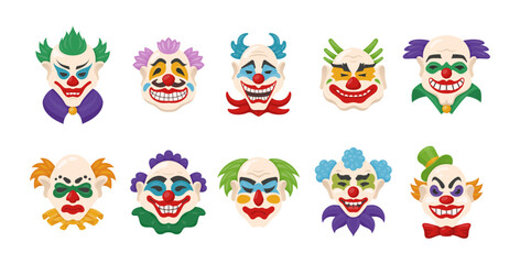 A collection of creepy clown faces illustrated in vibrant colors, with a variety of sinister expressions and playful attributes. Each clown has unique facial features and distinctive hairstyles.