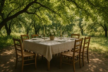 Fototapeta premium Beautifully set dining table with floral centerpiece under lush trees, creating a serene and inviting outdoor dining experience
