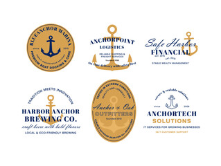 A collection of logos featuring an anchor motif representing various businesses in the maritime shipping and services sector, such as maritime berthing, logistics and financial management. © Vikivector