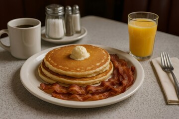 Pancakes served with butter and bacon, accompanied by orange juice and coffee, making up a traditional American breakfast