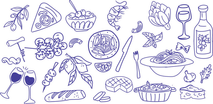 Hand drawn Italian food doodle with pasta, pizza, wine, olive, cheese, basil, shrimp, lemon. Perfect for restaurant logo, menu design, organic packaging, vintage culinary branding.