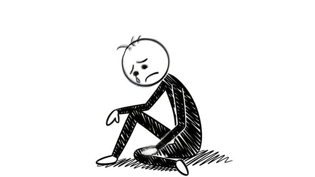 Sad stick figure sitting on the ground in different positions, feeling dejected and gloomy