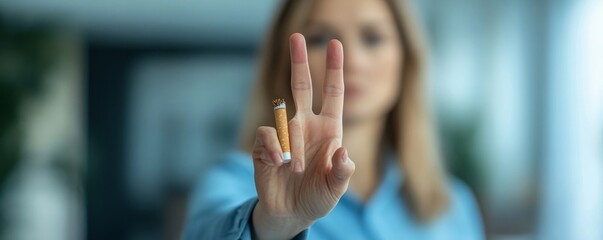 Person showing hand sign to reject cigarettes, motivating others to quit smoking for a healthier lifestyle, Generative AI