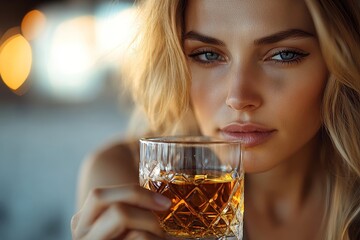 Depression and anxiety concept: A woman drinking whisky alone, struggling with emotional distress and seeking solace, Generative AI
