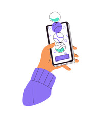 Sports betting concept. Human hand with bookmaker app at smartphone. Person is gambling online, plays chance games, wagering on matches by phone. Flat isolated vector illustration on white background