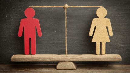 Balance. Gender parity in education and social settings. Wooden scales with a red male and female figure. Gender justice, equity. Equal rights for men and women