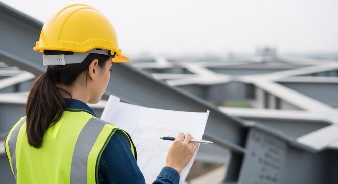Woman engineer in hard hat checking construction blueprint. Bridge building project management and industrial infrastructure development.