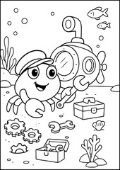Coloring book page. This crab keeps all undersea vehicles running smoothly with skill!