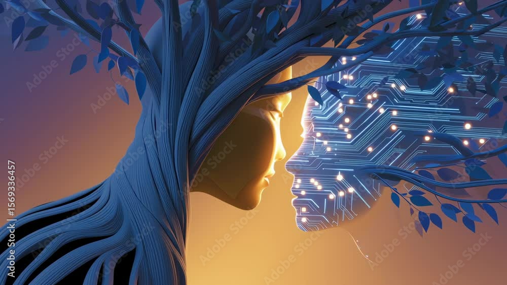 Poster sustainable and ai technology innovation concept, human face merging with a tree and a digital silho
