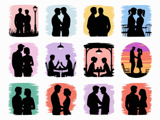 Collection of romantic couple silhouettes in various settings with colorful abstract backgrounds celebrating love and relationships silhouette