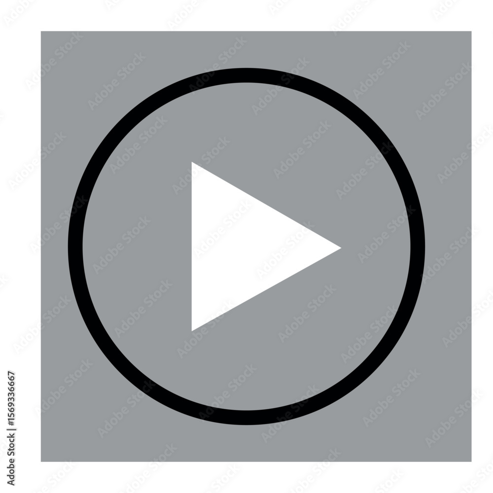 Poster illustration of a play button inside a circle on a gray background with a white triangle shape insid