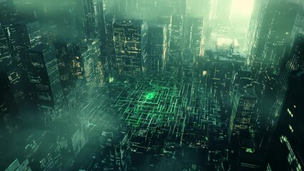 Futuristic city with glowing green circuits - Powered by Adobe