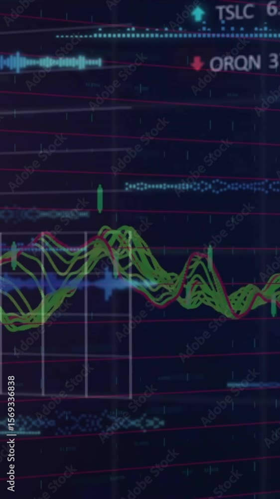 Poster animation of financial data processing on black background