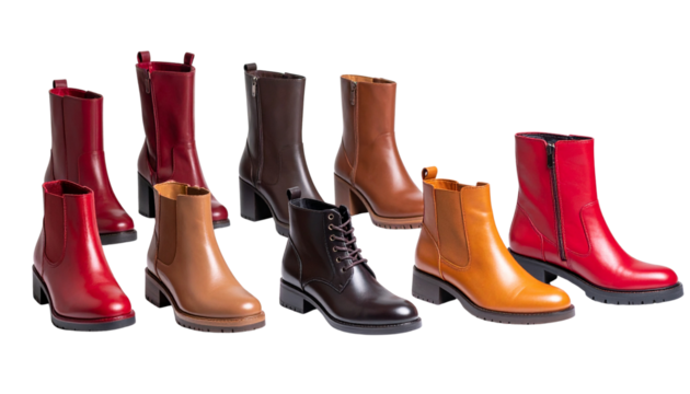 Stylish collection of autumn winter red brown boots high chic isolated on solid white background Png