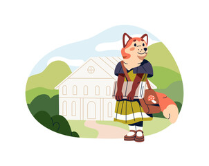 Cute anthropomorphic animal back to school for learning. Happy fox student carries schoolbag and holds book in hands. Funny pupil goes to study. Flat isolated vector illustration on white background