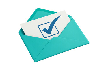 Teal envelope with a white card showing a blue check mark isolated on transparent background