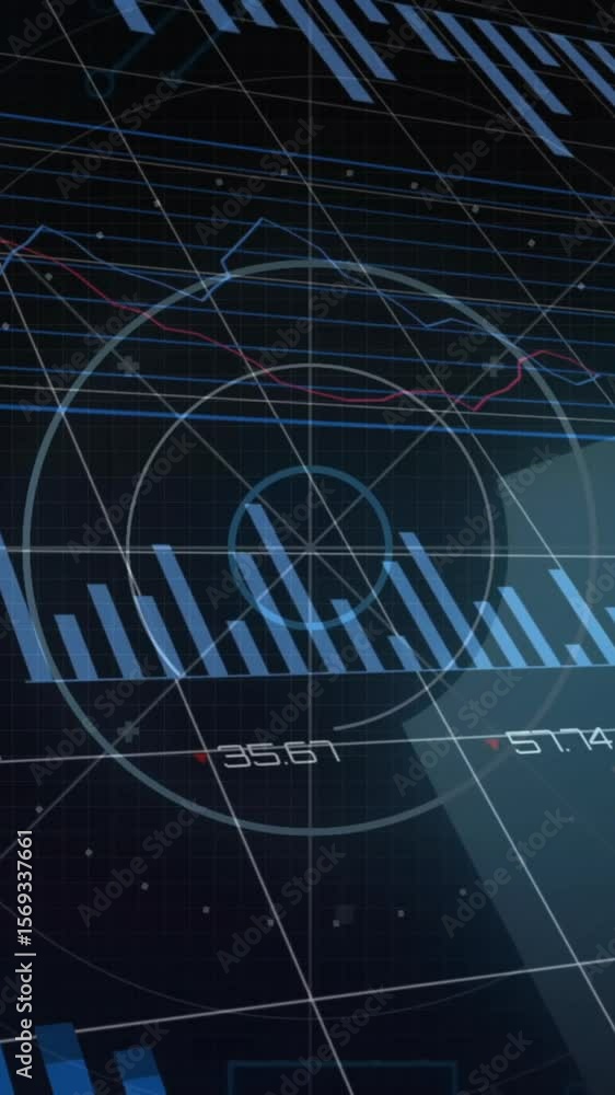 Poster animation of financial data processing over scope scanning on black background