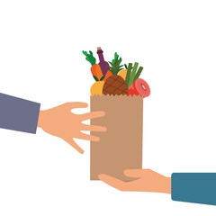 Customer hand receiving parcel paper bag with full of groceries Food from delivery man. Food home delivery concept. Vector illustration