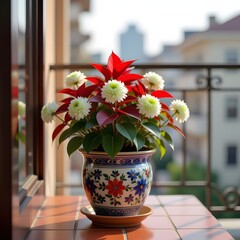 white flowers with red and green leaves in a decorated pot