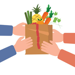 Customer hand receiving parcel paper bag with full of groceries Food from delivery man. Food home delivery concept. Vector illustration