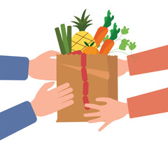 Customer hand receiving parcel paper bag with full of groceries Food from delivery man. Food home delivery concept. Vector illustration
