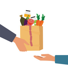 Customer hand receiving parcel paper bag with full of groceries Food from delivery man. Food home delivery concept. Vector illustration