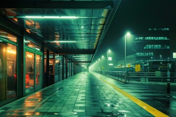Deserted tram or bus station platform reflecting green lights on a rainy night