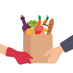 Customer hand receiving parcel paper bag with full of groceries Food from delivery man. Food home delivery concept. Vector illustration
