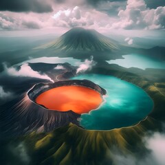 Aerial view of a deep turquoise lake on the left, a bright orange lake on the right, and a lush green landscape surrounding them