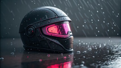 A futuristic black motorcycle helmet with a glowing pink visor sits on a wet surface during a rainstorm