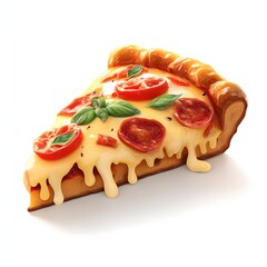 3D icon of a pepperoni pizza slice with melted cheese and toppings, isolated on white background.