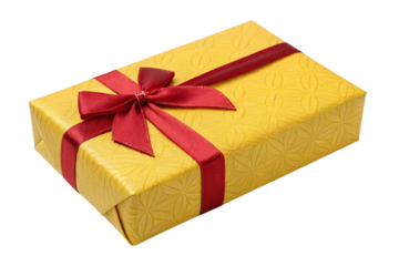Elegant yellow gift box with red ribbon and bow isolated on transparent background