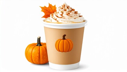 A paper cup of pumpkin spice latte with whipped cream and a small pumpkin.