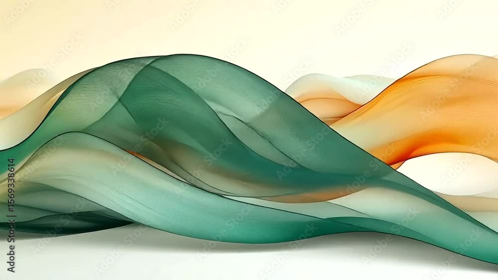 Poster abstract flowing waveforms with teal and orange colors on light background, dynamic design