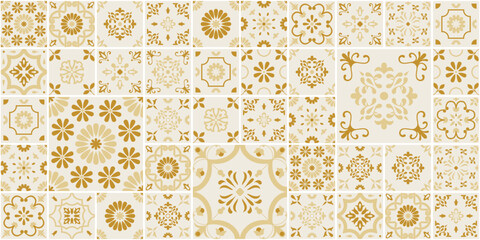 Gold Beige Portuguese Azulejo Tiles Vector Seamless Pattern, Wallpaper Geometric Mosaic Set, Large Size Traditional Mediterranean Italian Floral, Spanish Ceramic or Mexican Talavera Ornaments