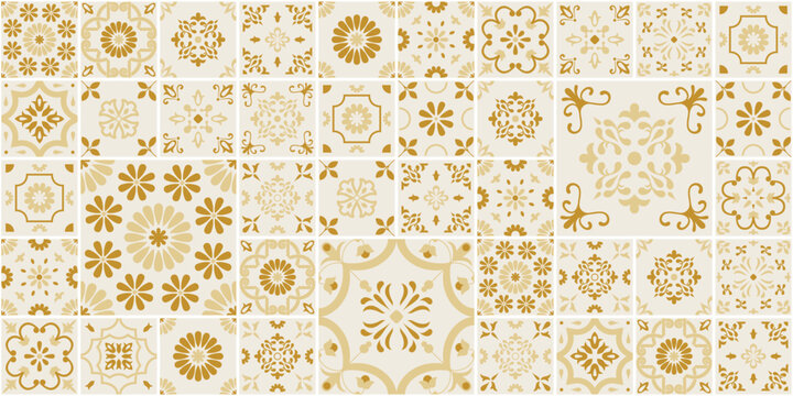 Gold Beige Portuguese Azulejo Tiles Vector Seamless Pattern, Wallpaper Geometric Mosaic Set, Large Size Traditional Mediterranean Italian Floral, Spanish Ceramic or Mexican Talavera Ornaments