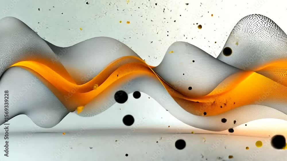 Poster abstract flowing waves background with dynamic particles and orange glow, modern design