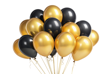 A luxurious bunch of black and gold balloons isolated on transparent background