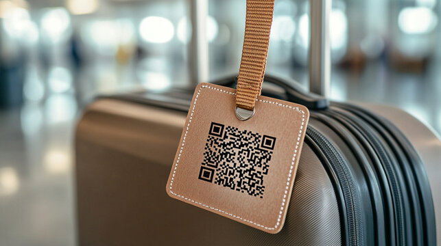 close-up of luggage tag with name and QR code attached to suitcase handle, modern travel gear