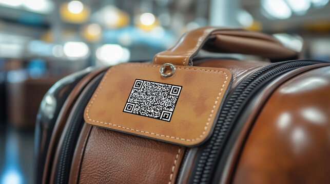 close-up of luggage tag with name and QR code attached to suitcase handle, modern travel gear