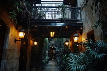 Warm light from vintage lanterns illuminates lush tropical plants in a tranquil courtyard with a balcony overhead