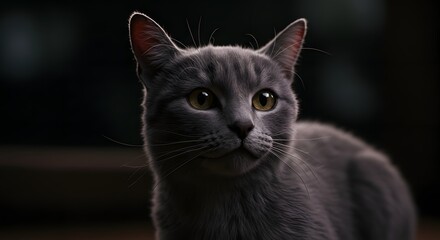 Close-up of a gray cat with large amber eyes, featuring soft fur and a subtle dark background for dramatic effect.