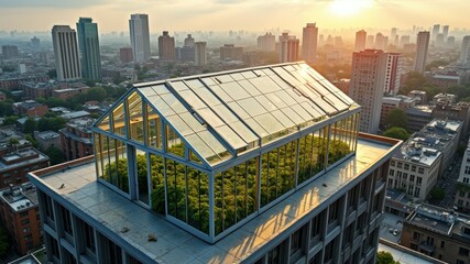 Urban rooftop greenhouse at sunset: sustainable cityscape with glass structure and lush vegetation