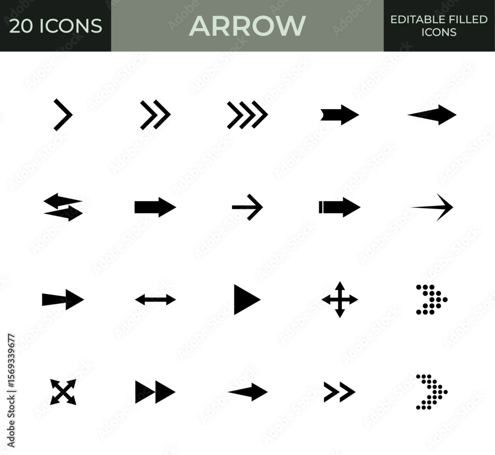 Poster black filled arrow icon set in various directions and styles for ui design, arrow symbol pack, direc