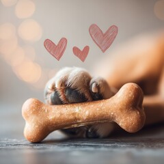 Wishbones for Pets close up of pet chewing toy wishbone focus on copy space playful joyful tones Double exposure silhouette with paws and heart icons