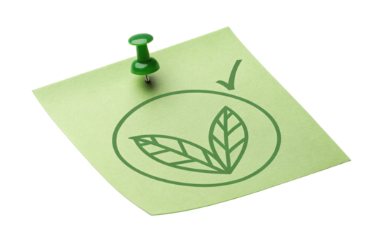 Green sticky note with leaf symbol and checkmark isolated on transparent background